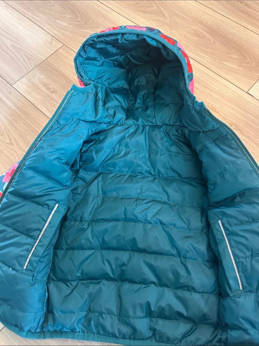 Hanna Andersson Floral Hooded Puffer Jacket - Teal, Pink & Red